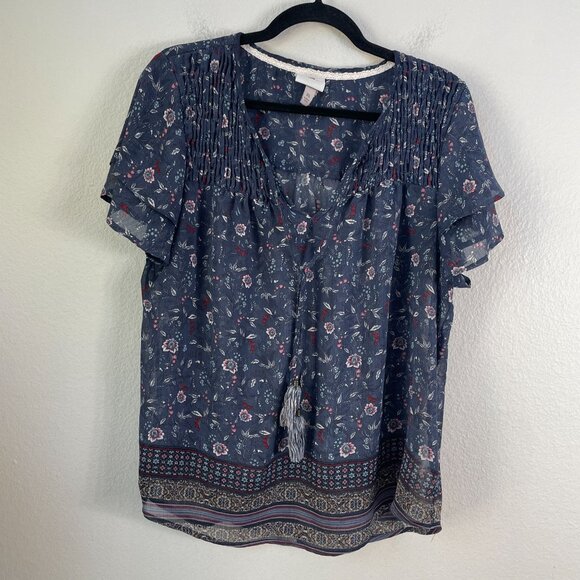 Knox Rose Womens XL Blue Floral Print Short Sleeve Semi Sheer Tunic Top Boho - Picture 8 of 10